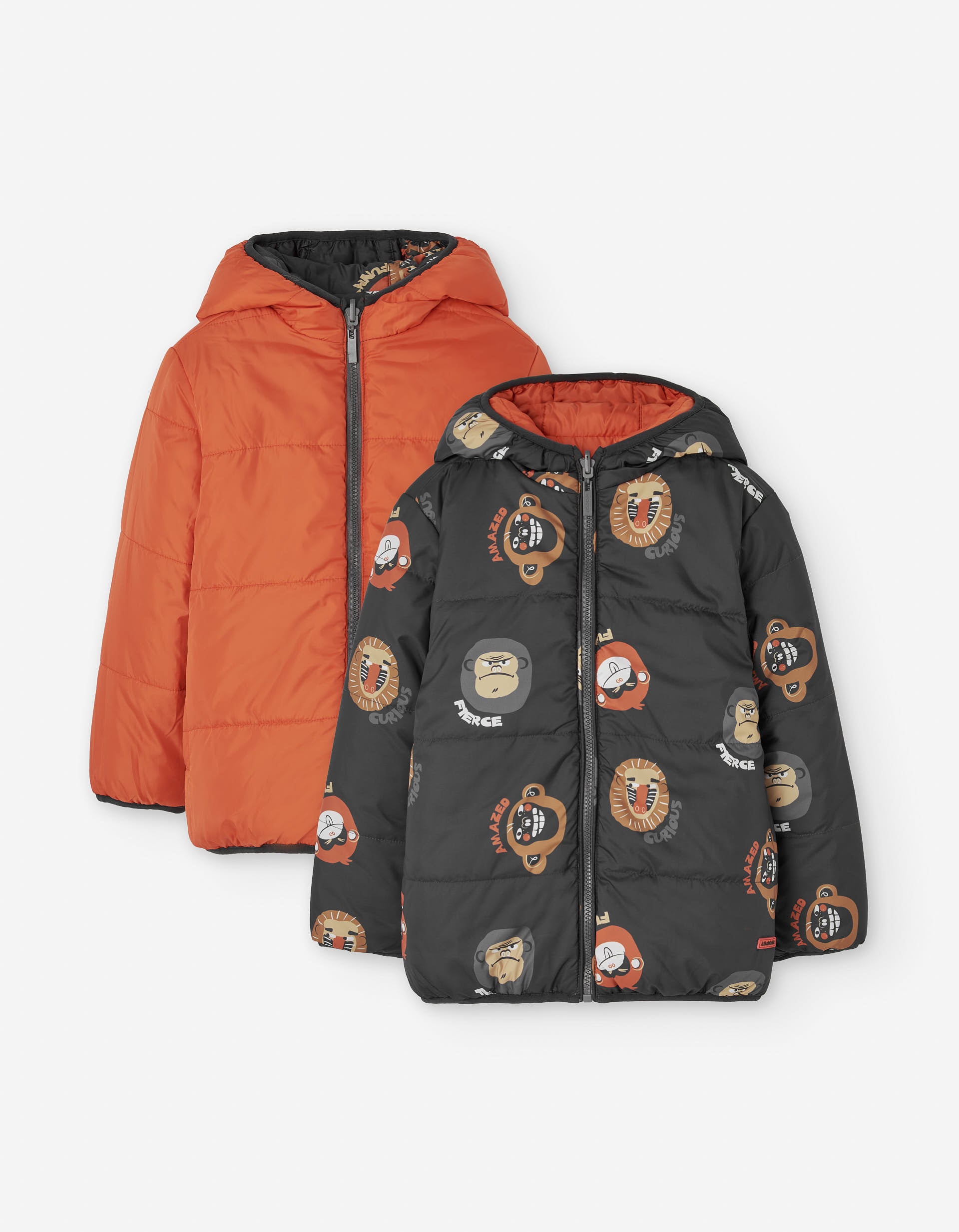 Reversible padded jacket with hood and motif for boys, orange/grey