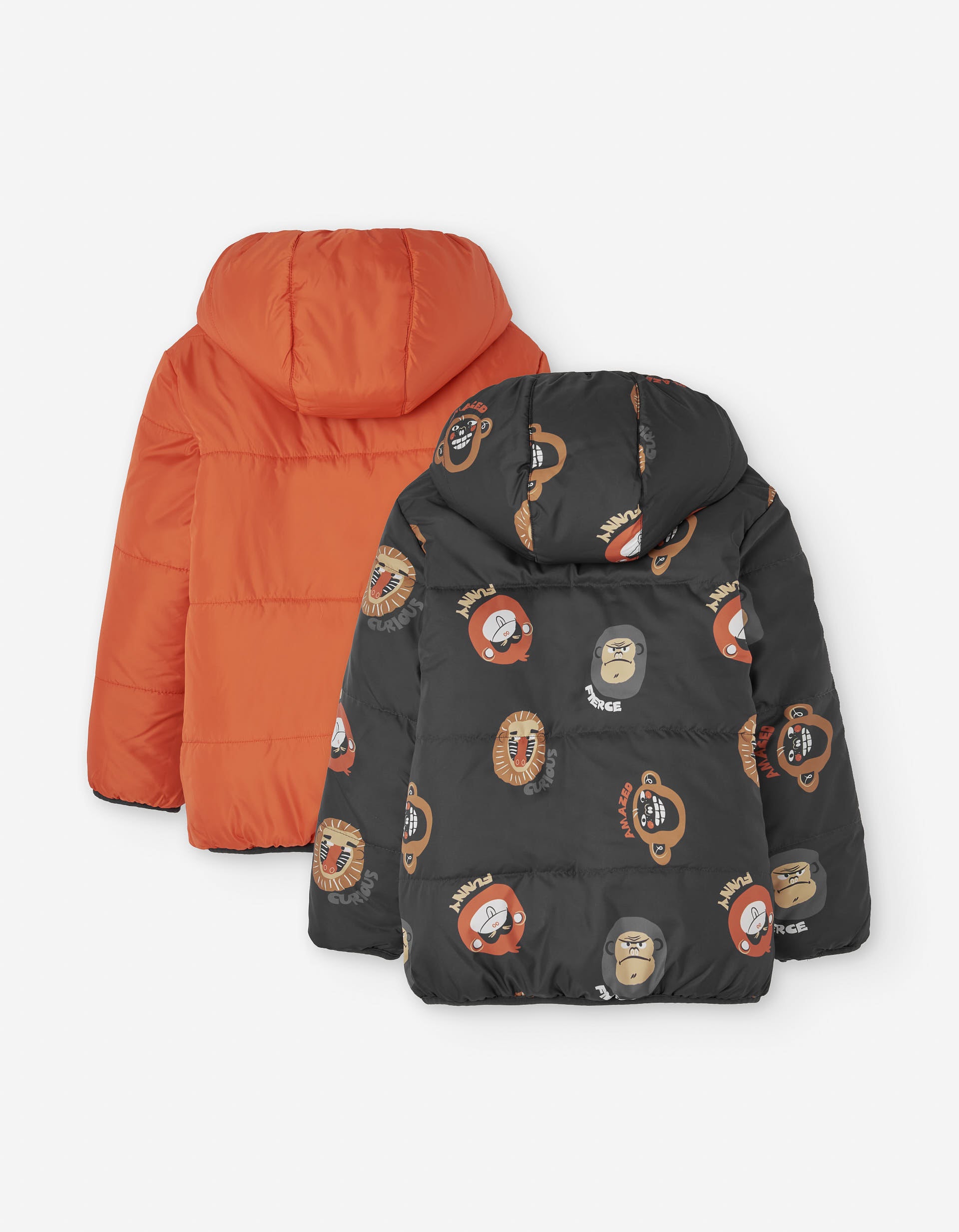 Reversible padded jacket with hood and motif for boys, orange/grey