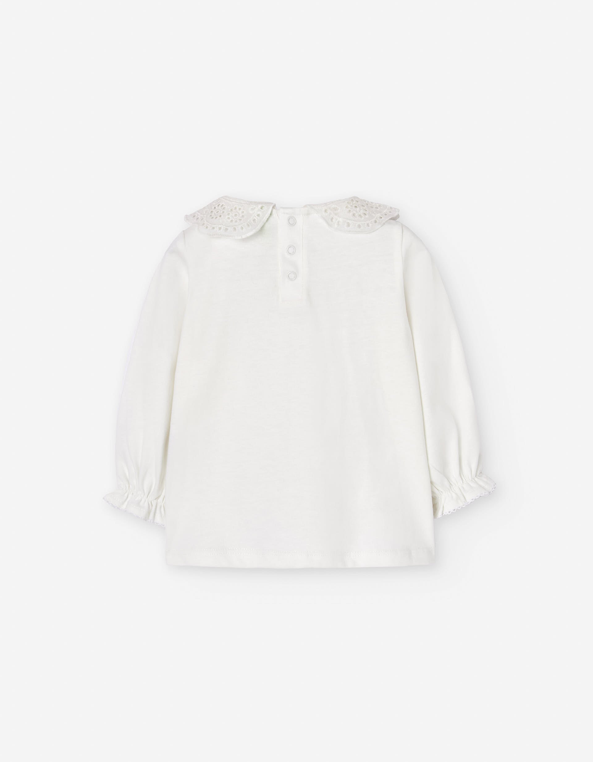 T-shirt de algodão com gola de bordado suíço para bebé menina, branco