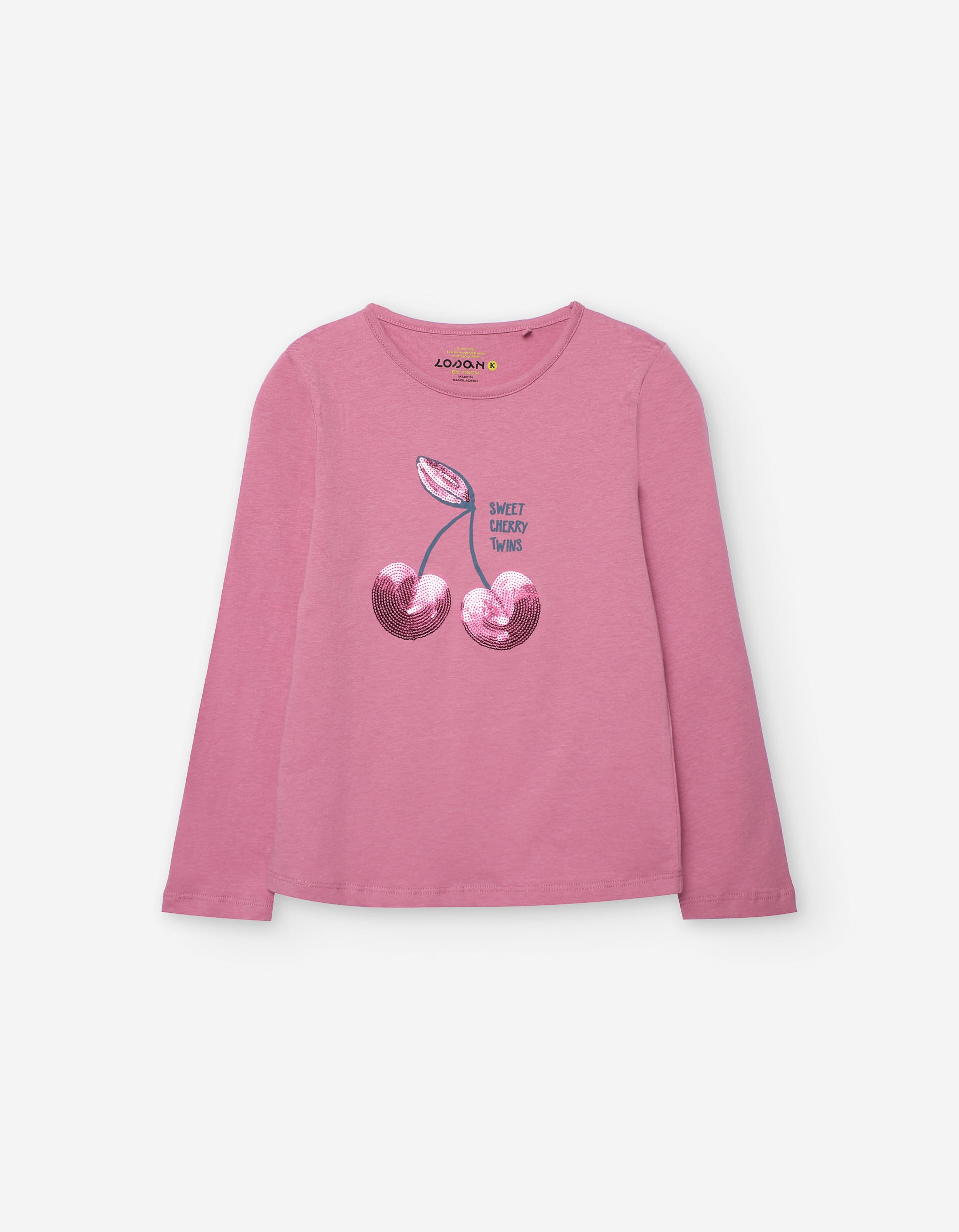 Long sleeve cotton T-shirt with sequin cherries for girls, pink