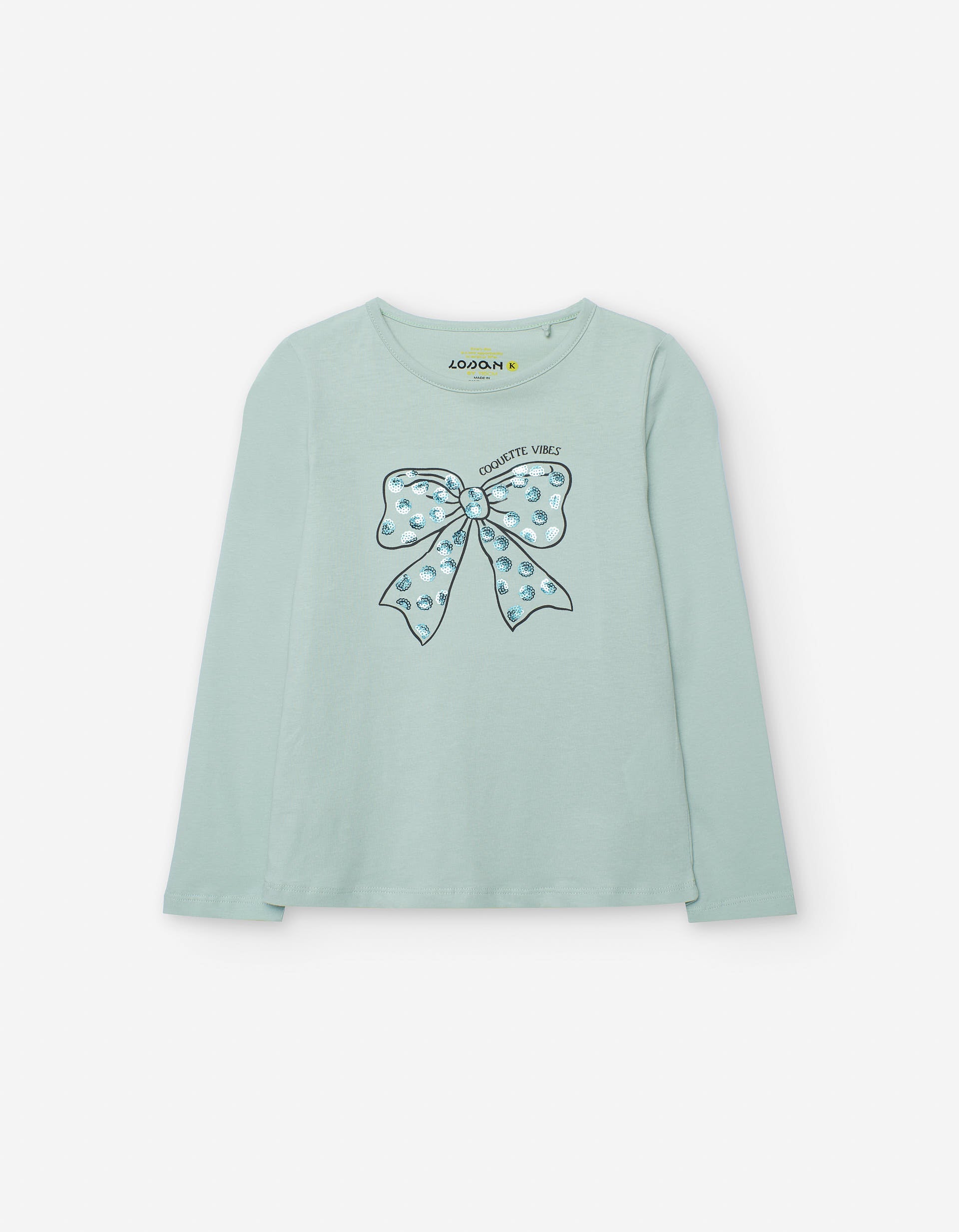 Long sleeve cotton T-shirt with bow print and sequins for girls, green