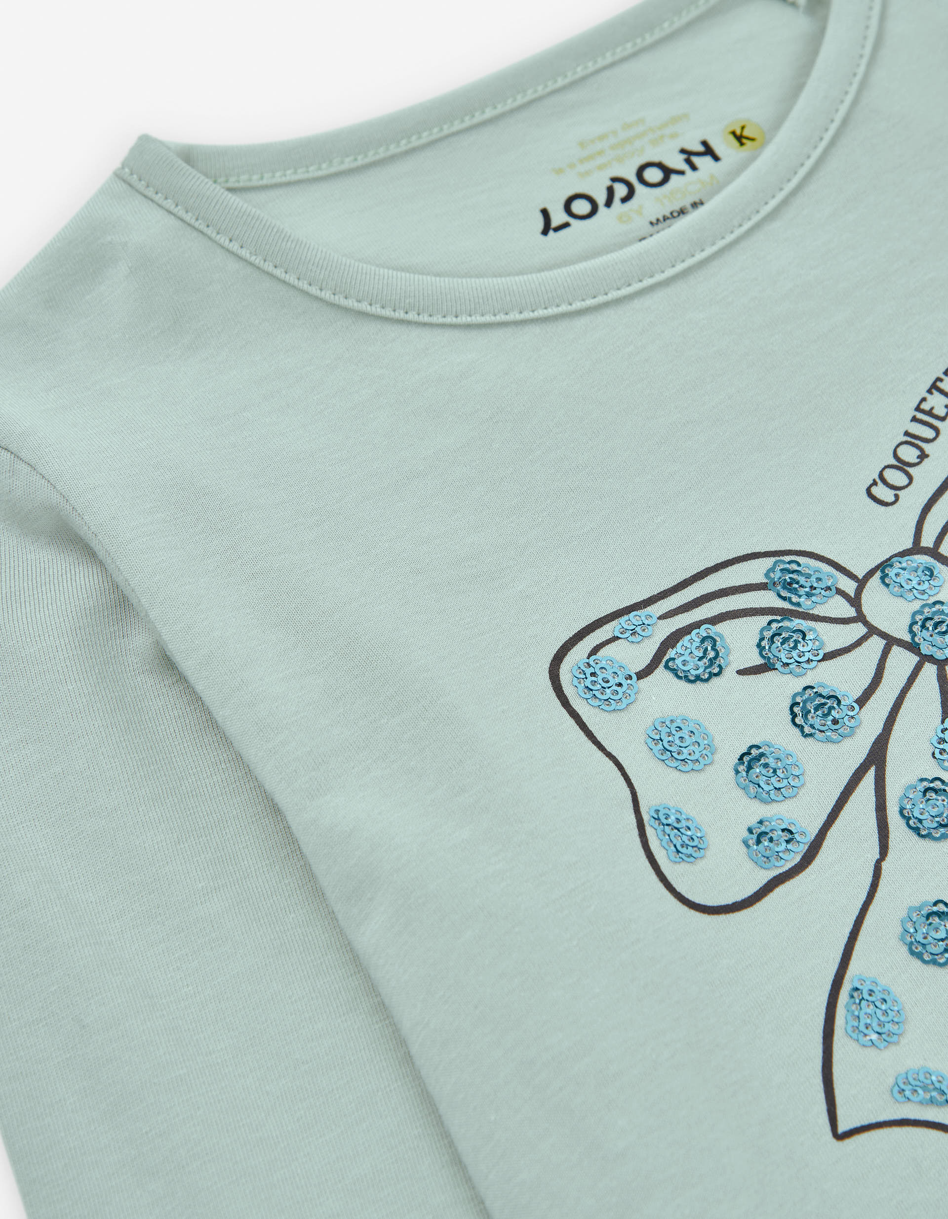 Long sleeve cotton T-shirt with bow print and sequins for girls, green