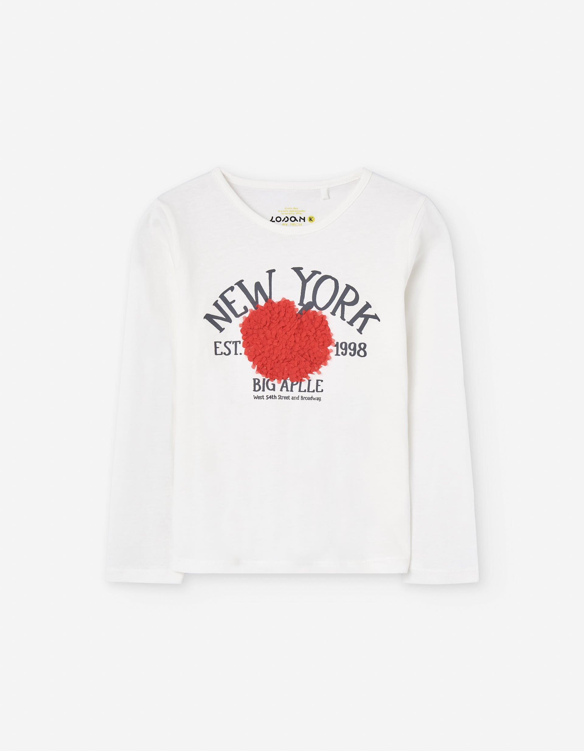 Long sleeve cotton T-shirt with 'New York' print for girls, white/red