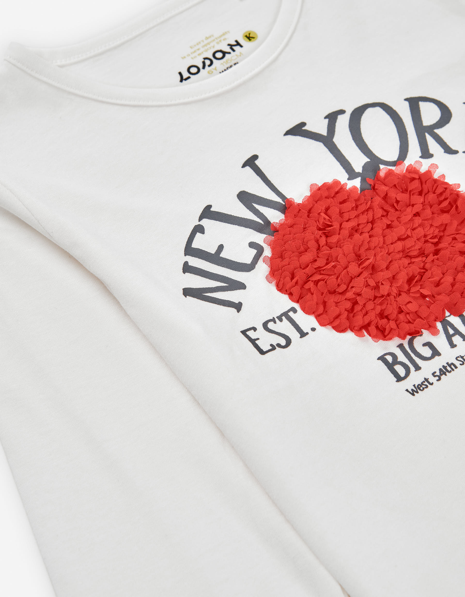 Long sleeve cotton T-shirt with 'New York' print for girls, white/red