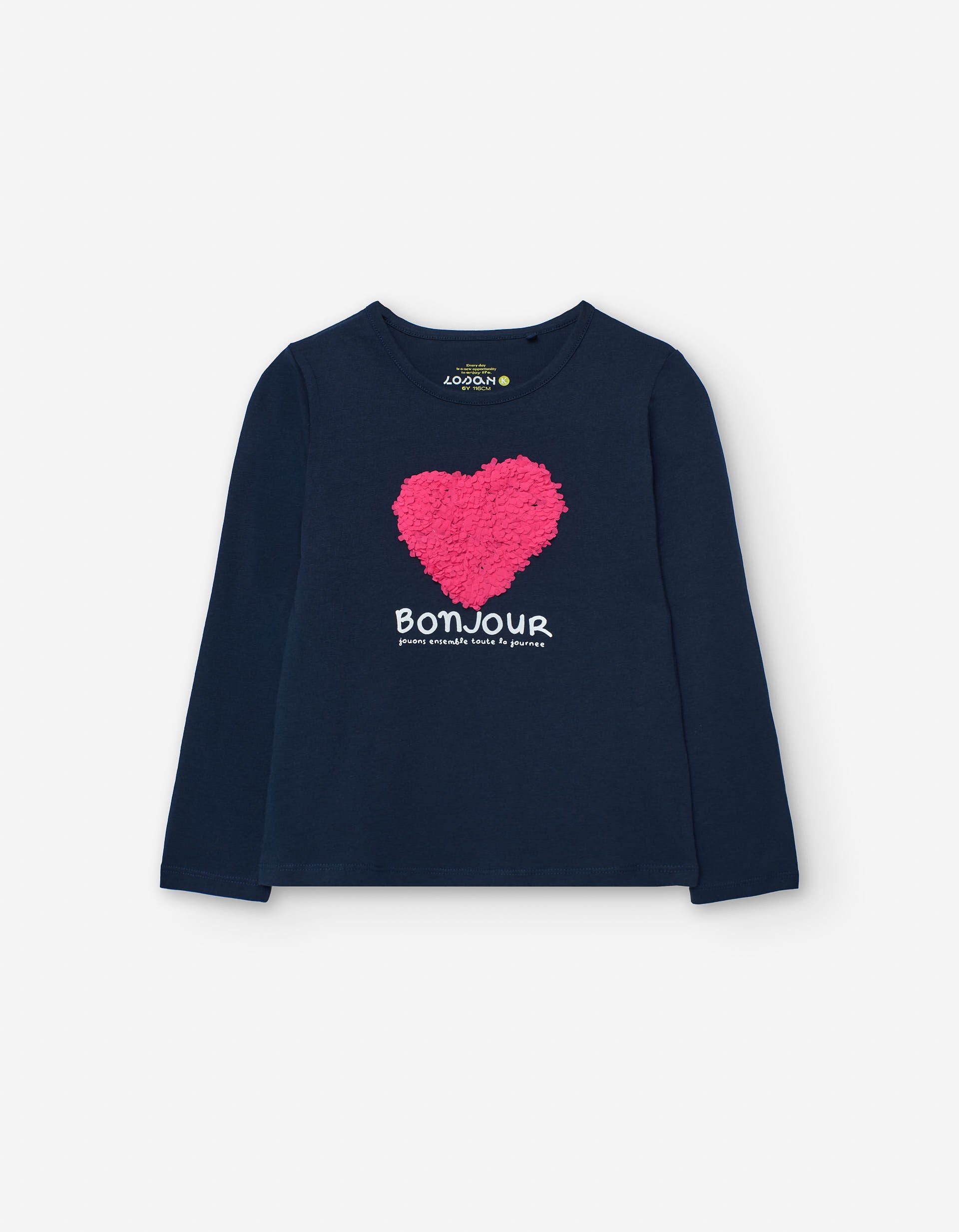 Long sleeve cotton T-shirt with heart appliqué for girls, blue/pink