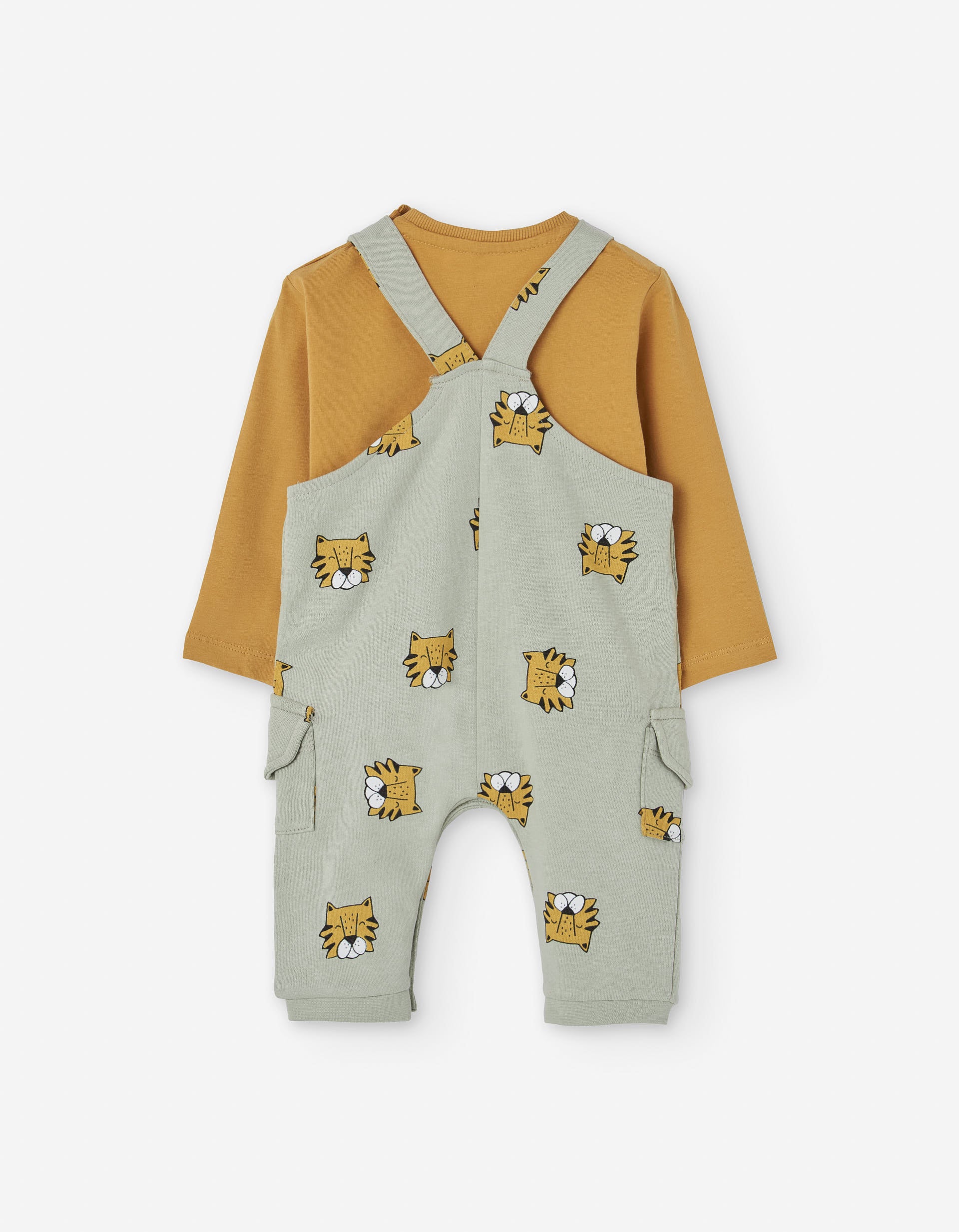 Cotton T-shirt + dungarees with tiger motif for baby boys, yellow/grey