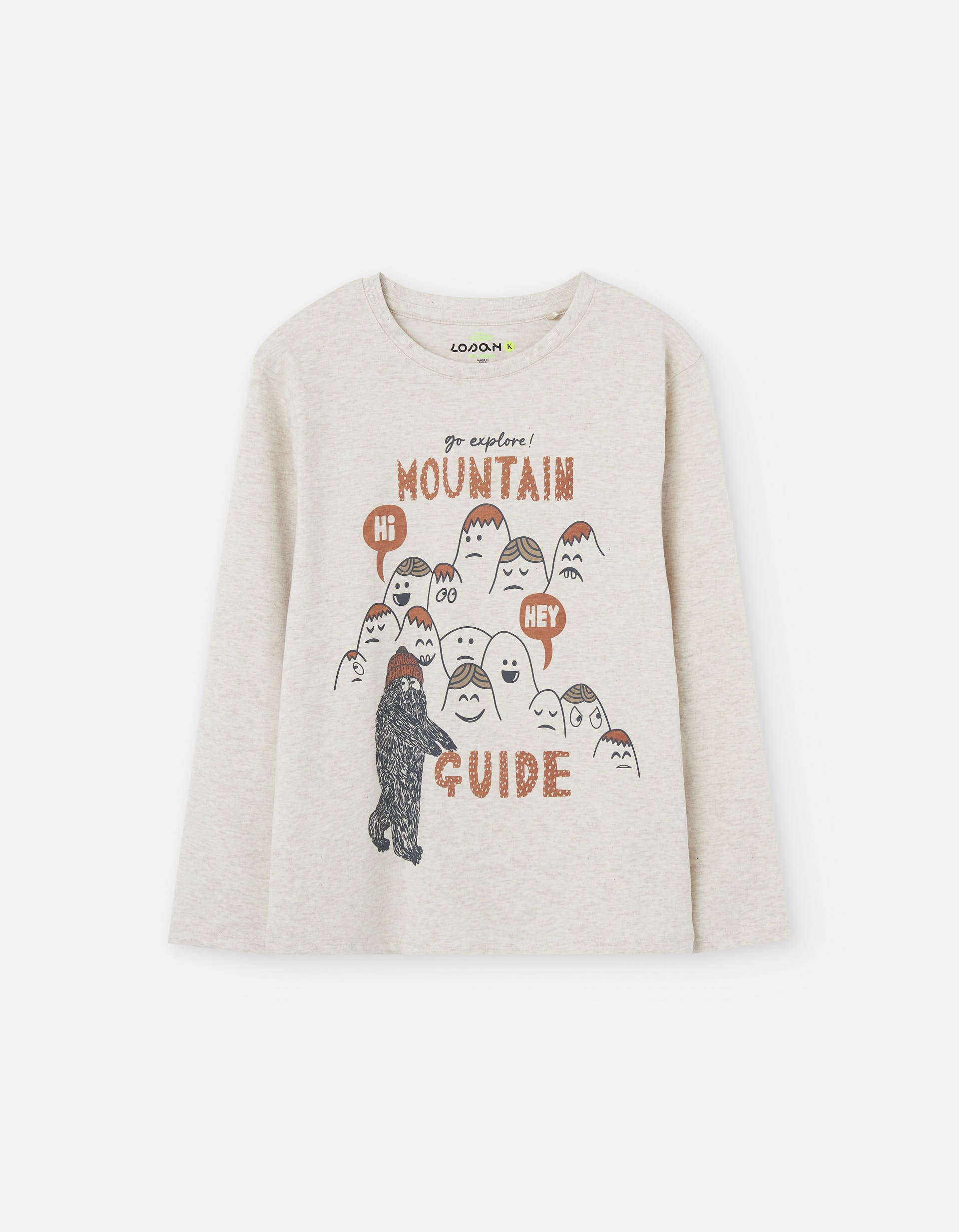 Long sleeve cotton T-shirt with Mountain Guide print for boys, beige