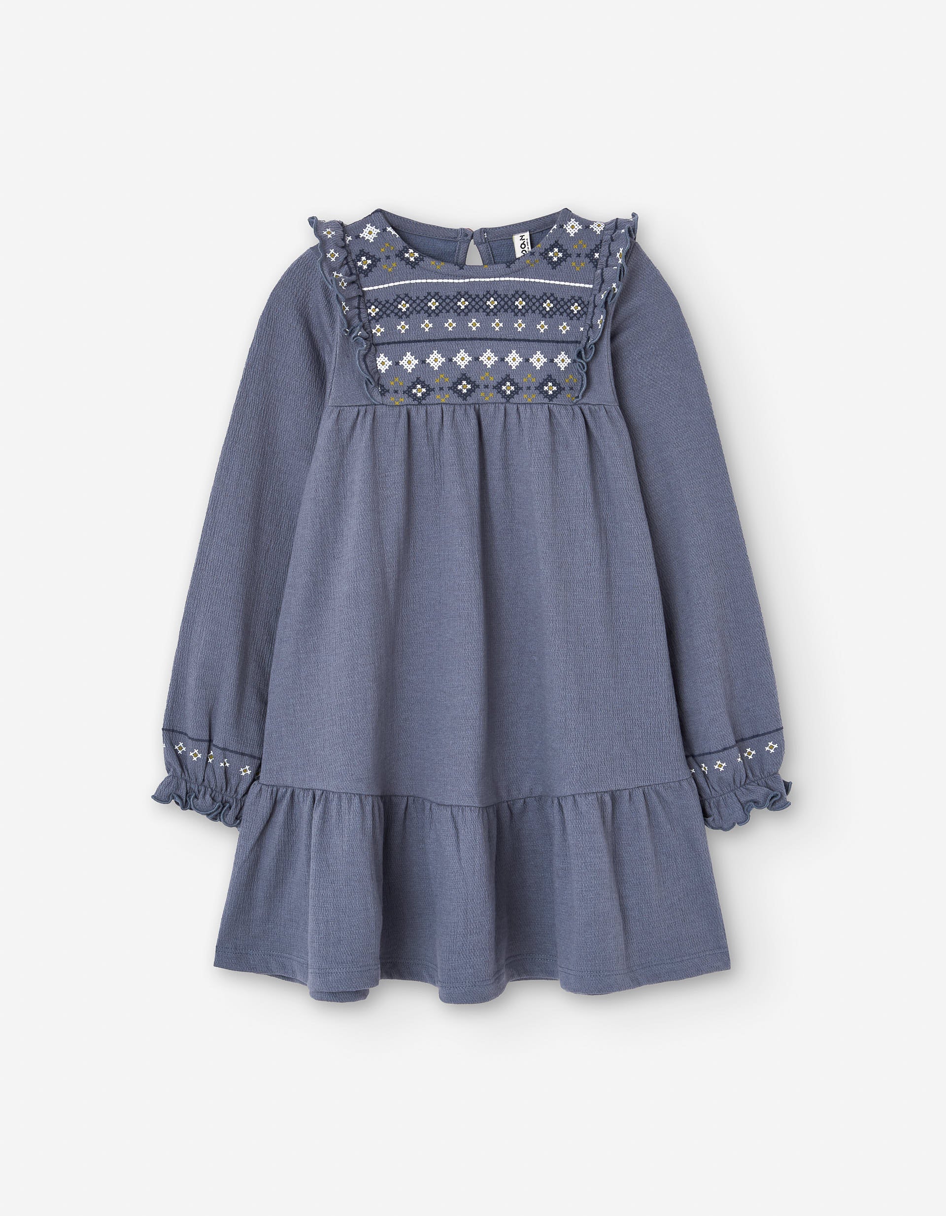 Vestido de manga comprida em bambula com bordado para menina, azul