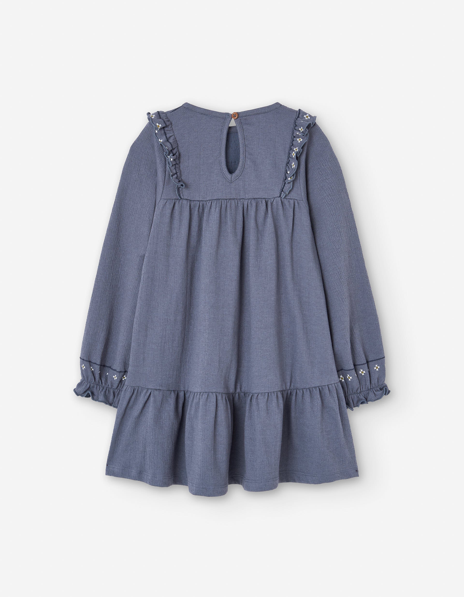 Vestido de manga comprida em bambula com bordado para menina, azul