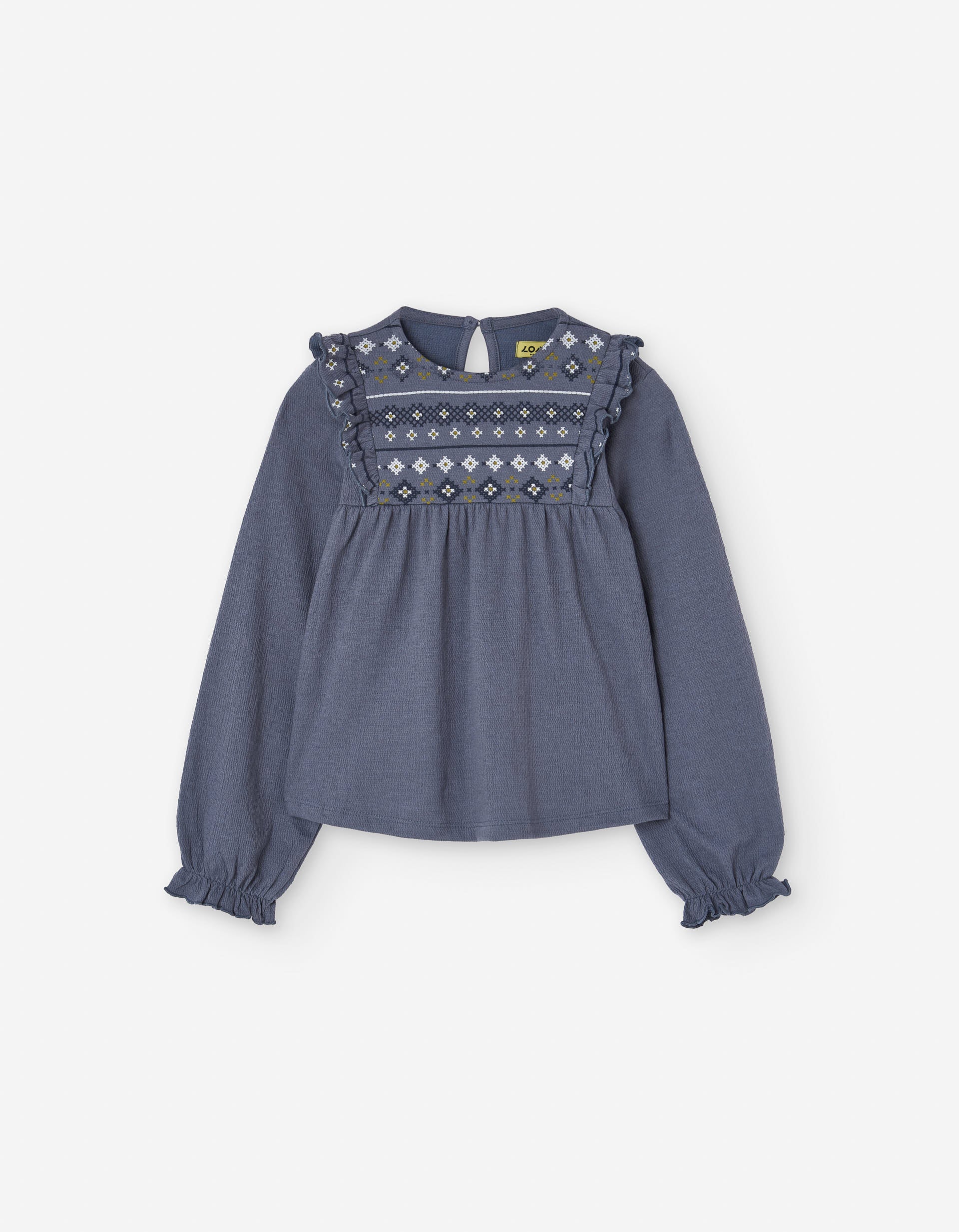 Long sleeve T-shirt in bambula with embroidery for girls, blue