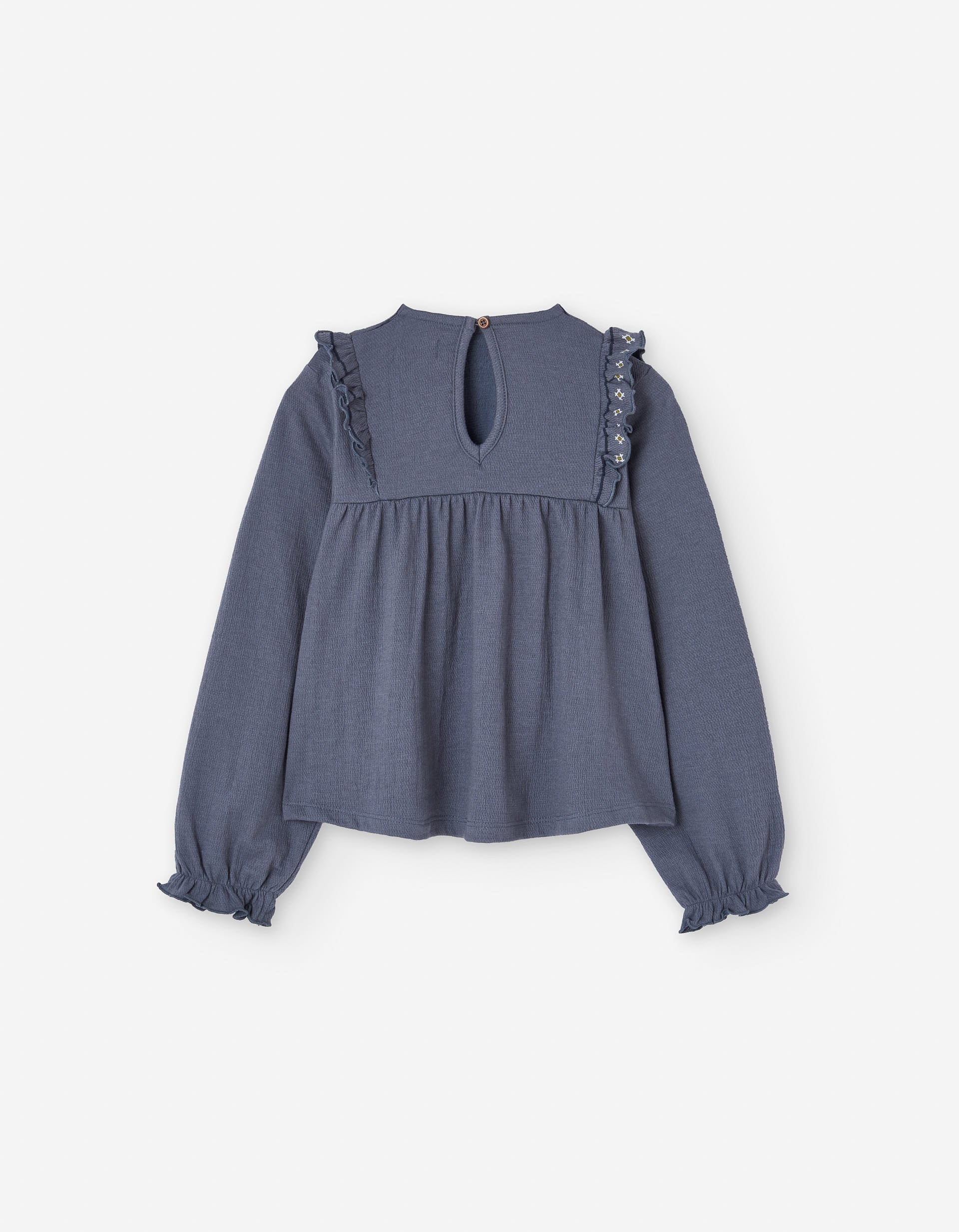 Long sleeve T-shirt in bambula with embroidery for girls, blue