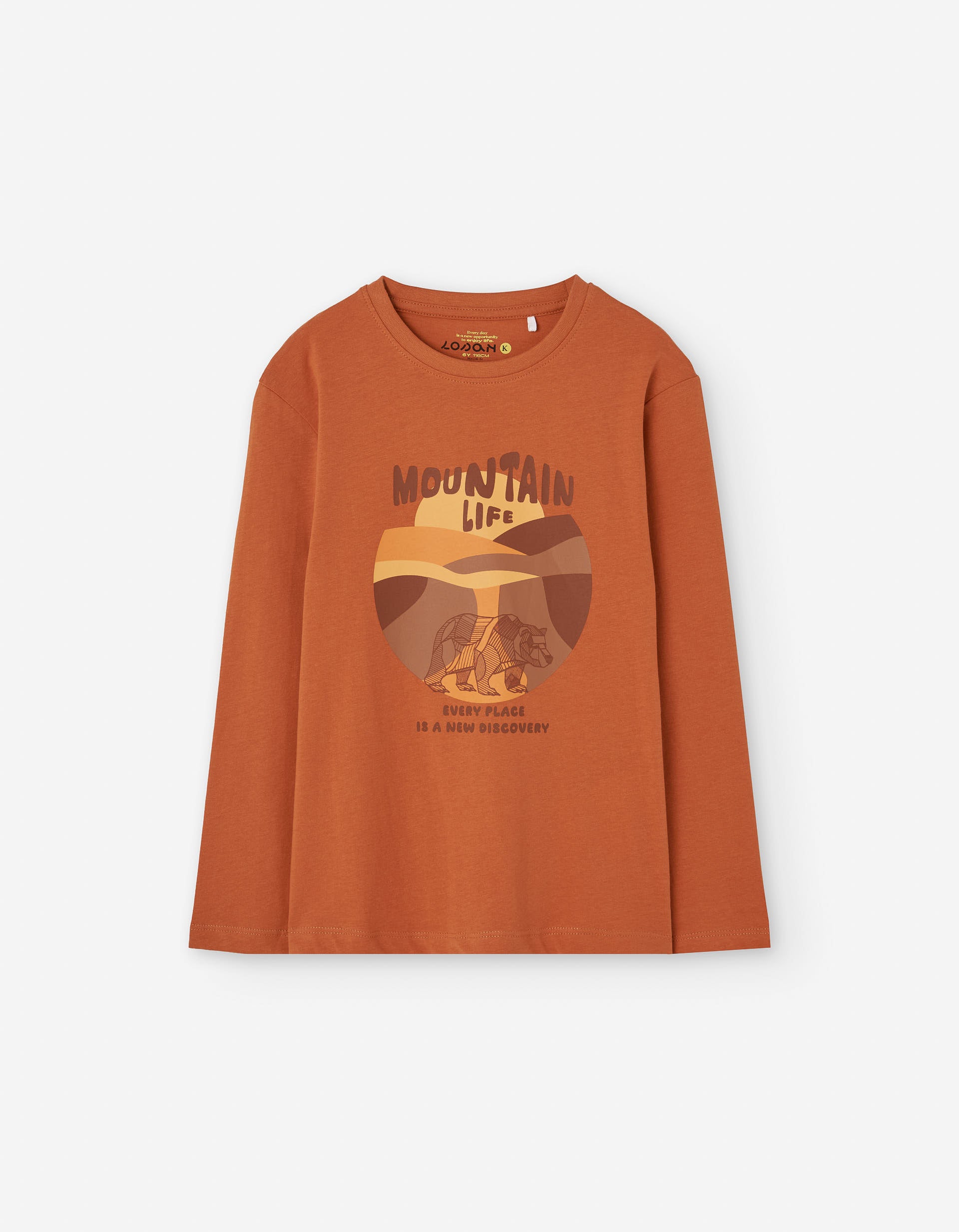 Long sleeve cotton T-shirt with 'mountain life' print for boys, orange
