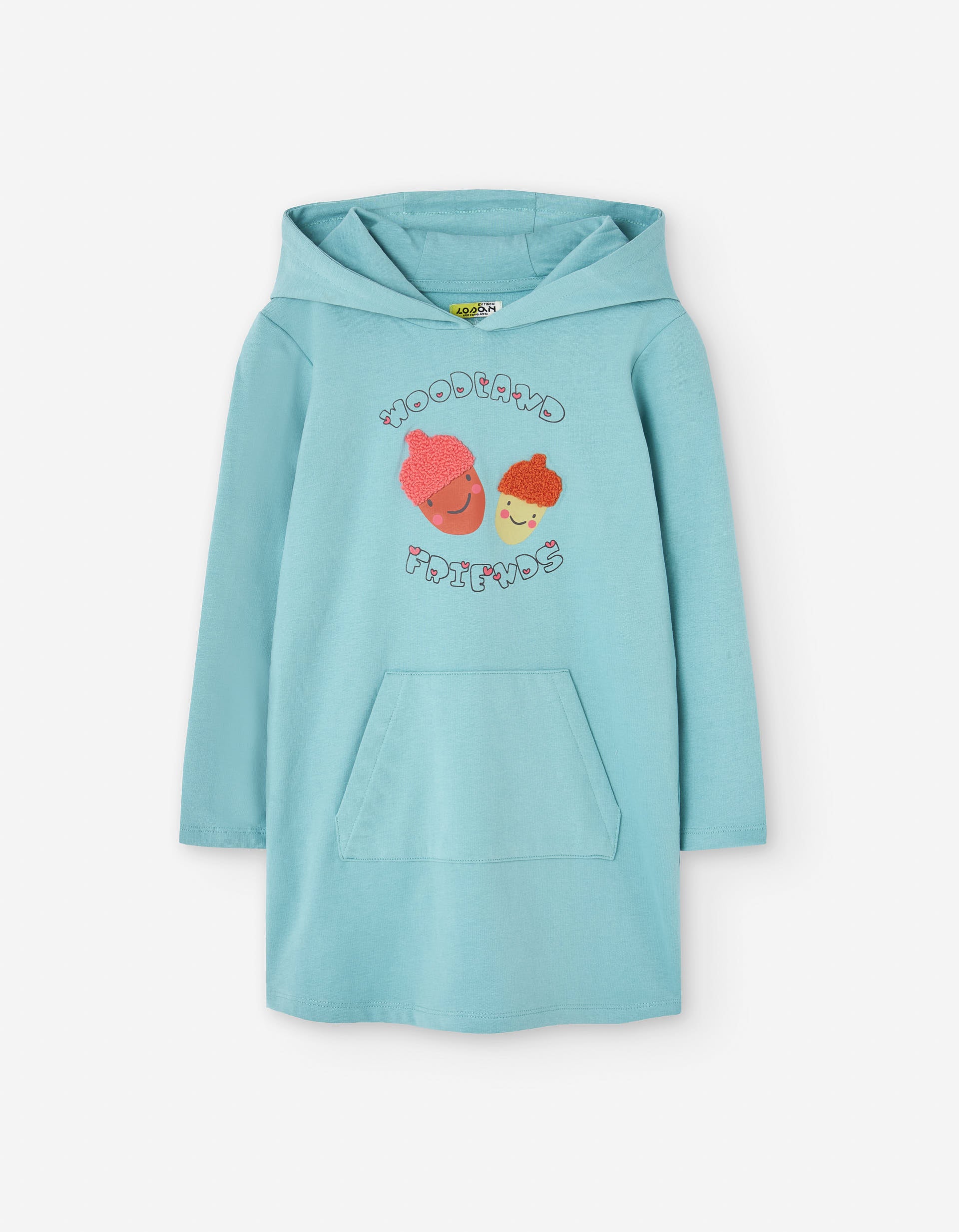 Vestido de algodão com capuz e estampado frontal para menina, azul