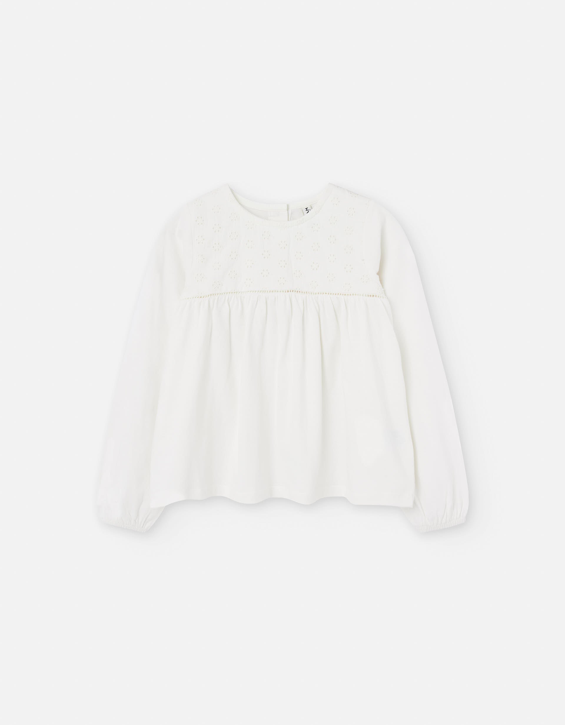 Long sleeve cotton T-shirt with Swiss embroidery for girls, white