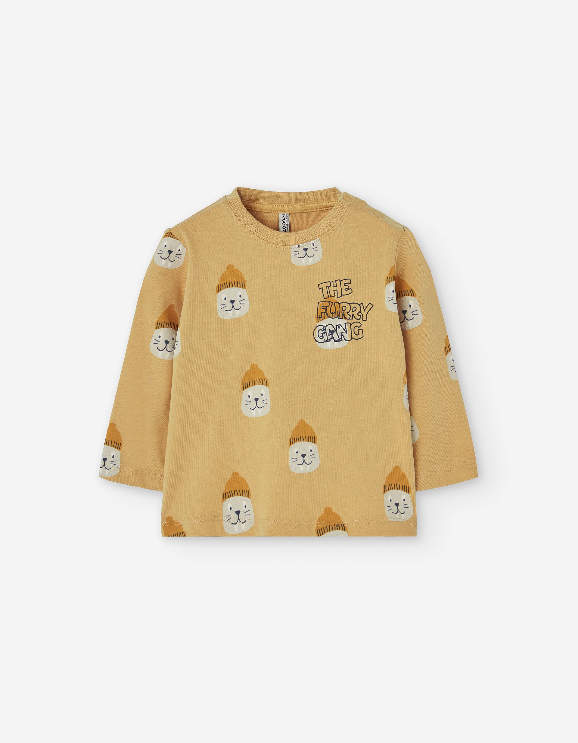 Long sleeve cotton T-shirt with walrus motif for baby boys, yellow