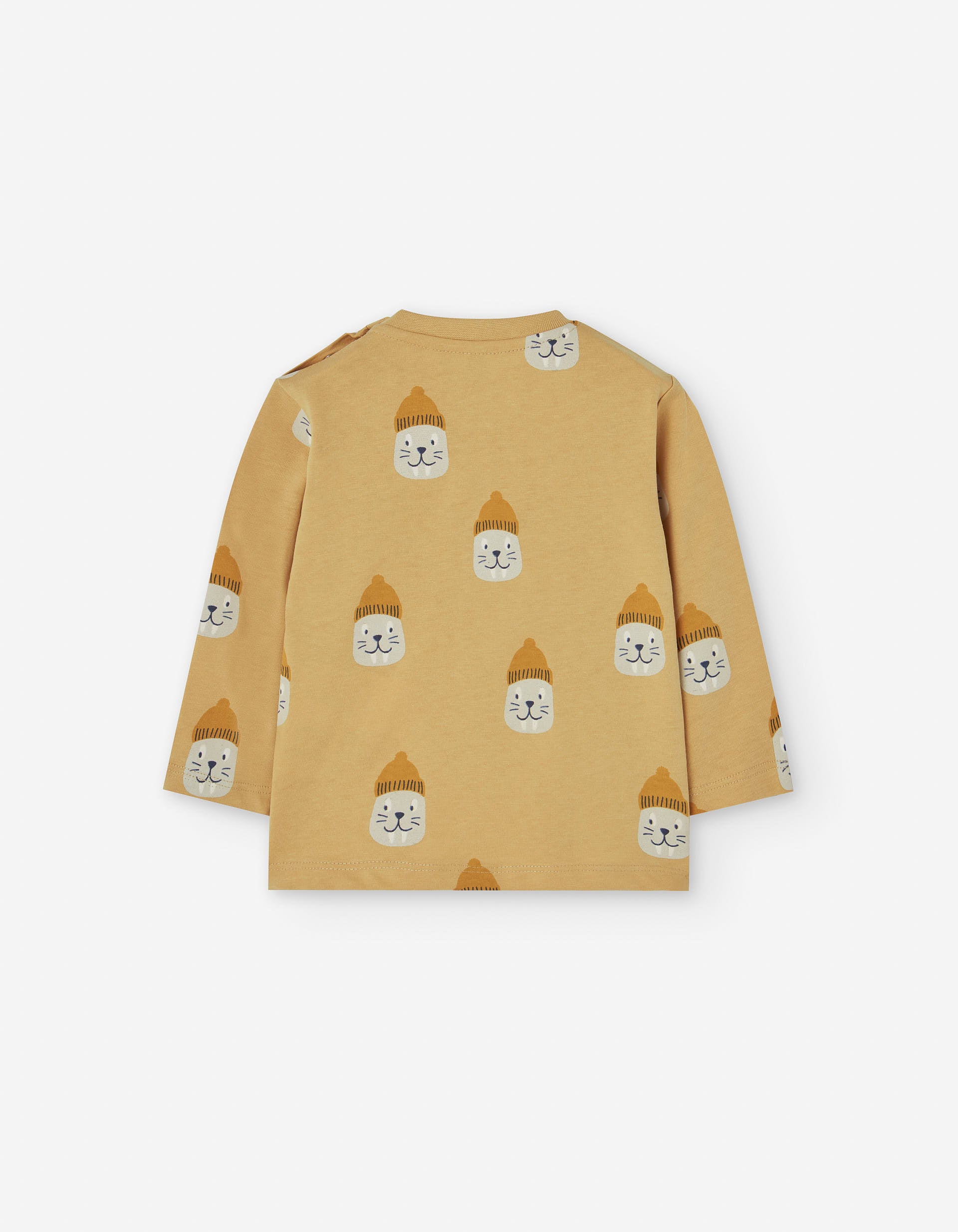 Long sleeve cotton T-shirt with walrus motif for baby boys, yellow