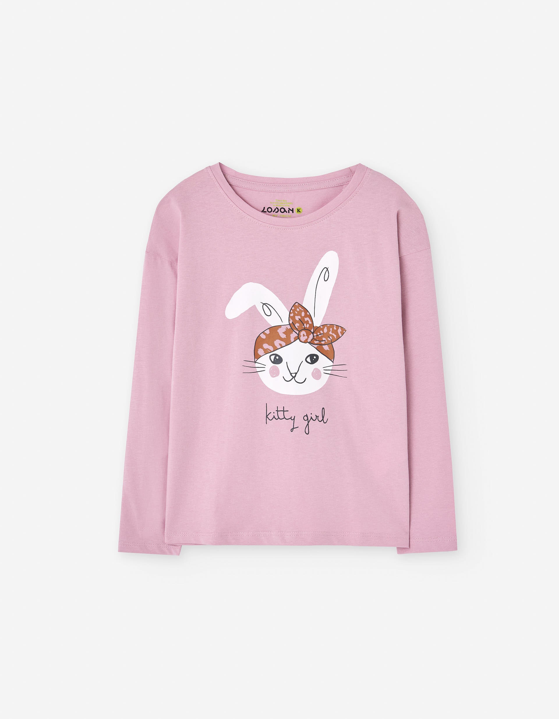 Long sleeve cotton T-shirt with bunny print for girls, light pink