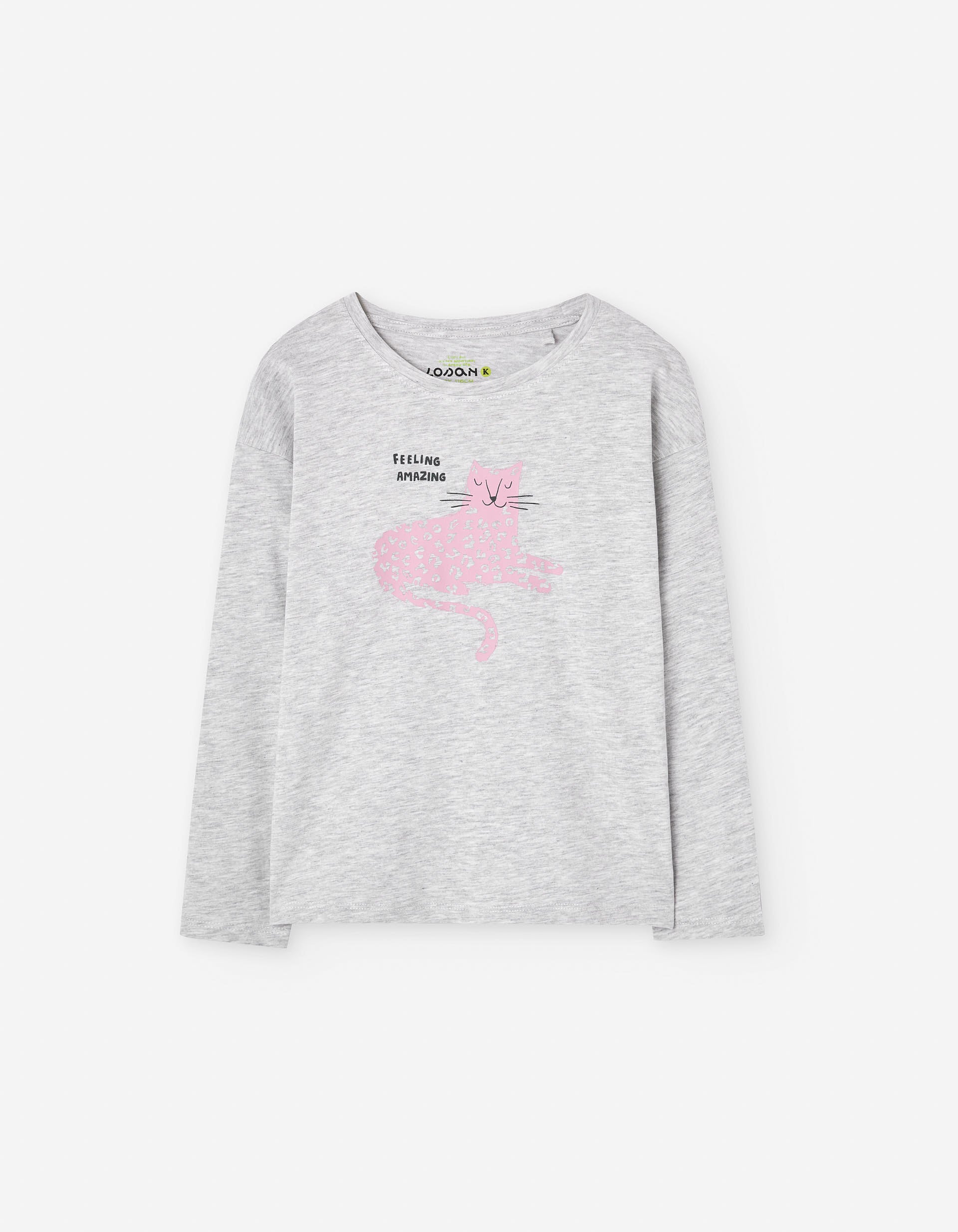 Long sleeve cotton T-shirt with leopard print for girls, light grey