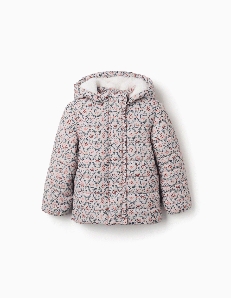 Casaco acolchoado floral com capuz e forro em pelo para menina, bege
