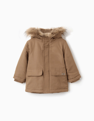 Parka con capucha y forro de sherpa para bebé niño, marrón grisáceo