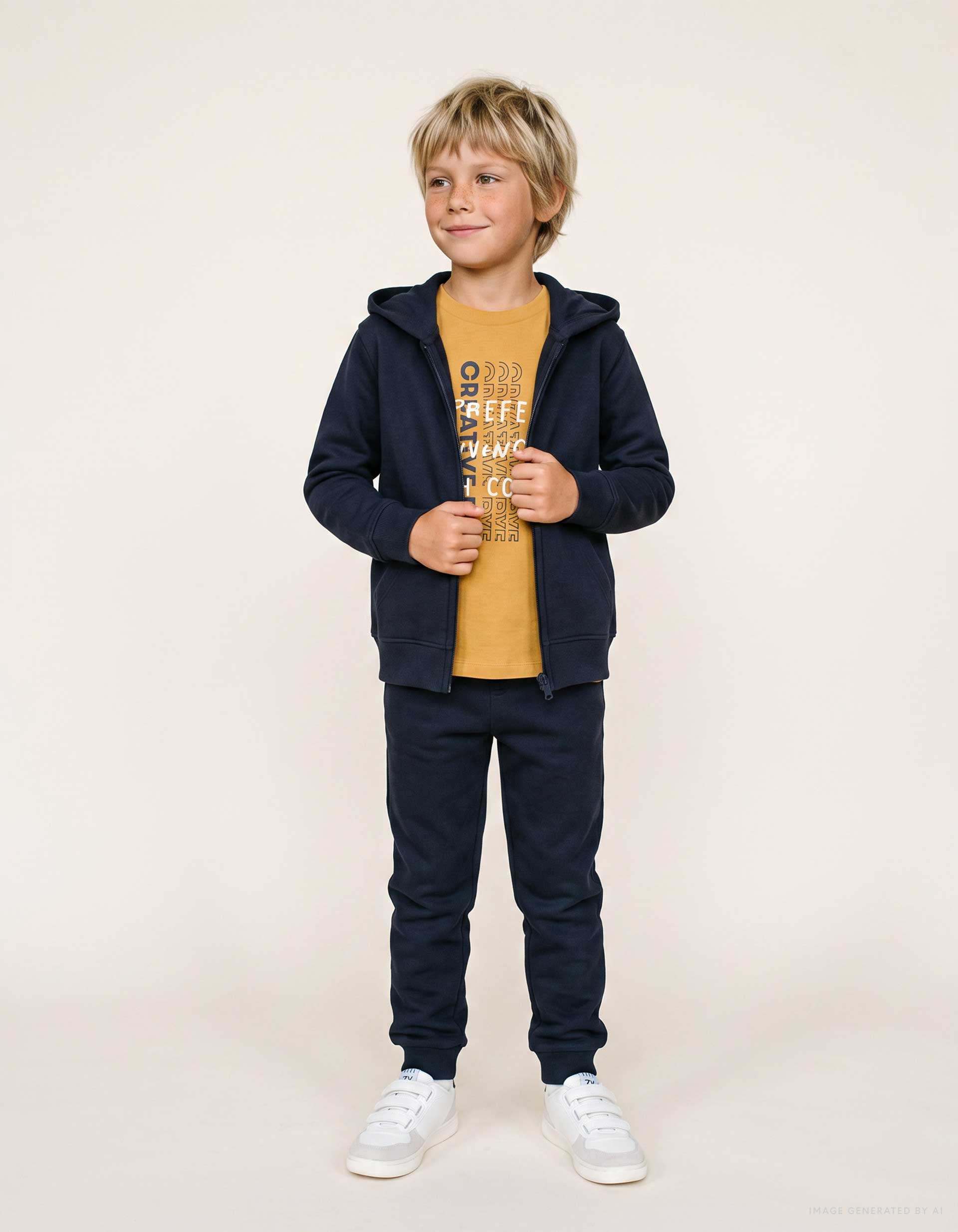 Ensemble de jogging 3 pièces en coton pour garçon, bleu marine/jaune
