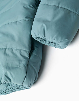 Hooded puffer jacket with polar fleece lining for girls, blue-green