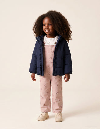 Hooded puffer jacket with polar fleece lining for baby girls, navy blue