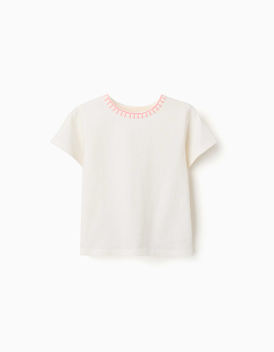 Cotton T-shirt with embroidered collar for girls, light beige/pink