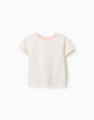Cotton T-shirt with embroidered collar for girls, light beige/pink