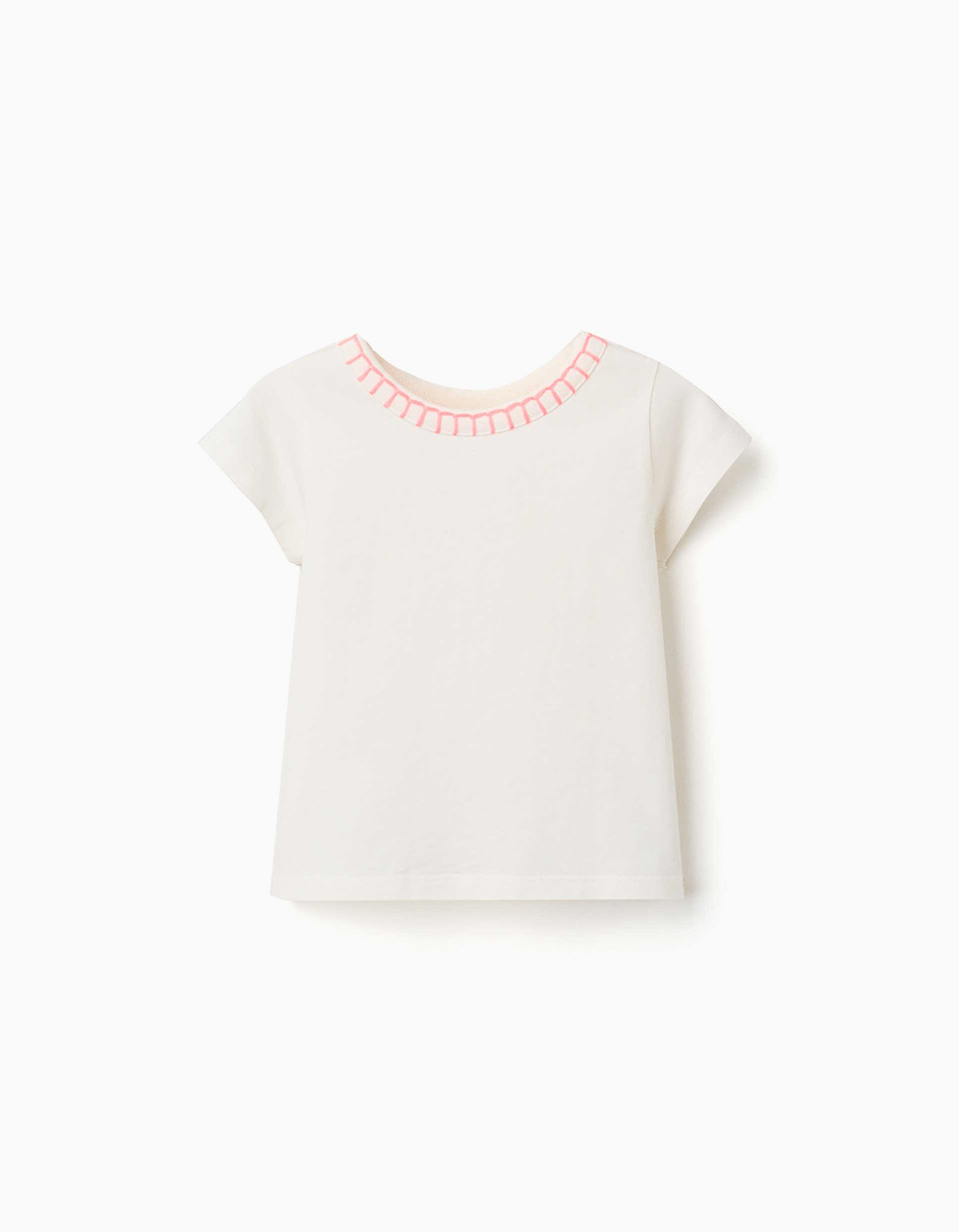 T-shirt de algodão com gola bordada para bebé menina, bege-claro/rosa