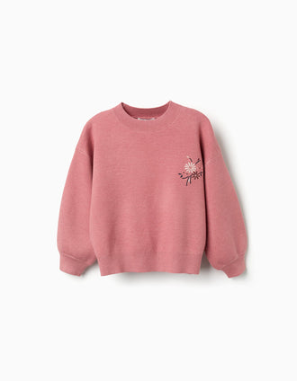 Knitted jumper with embroidered flowers for girls, pink