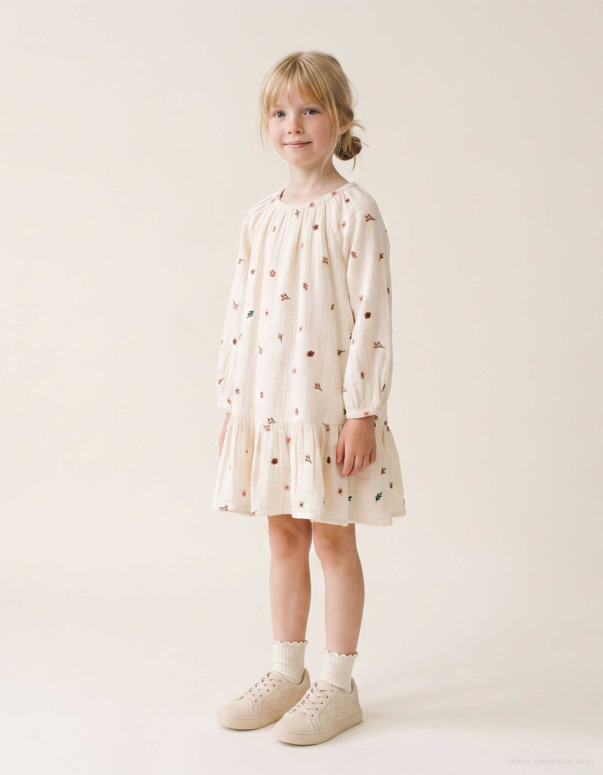 Vestido de manga comprida de algodão com flores para menina, branco
