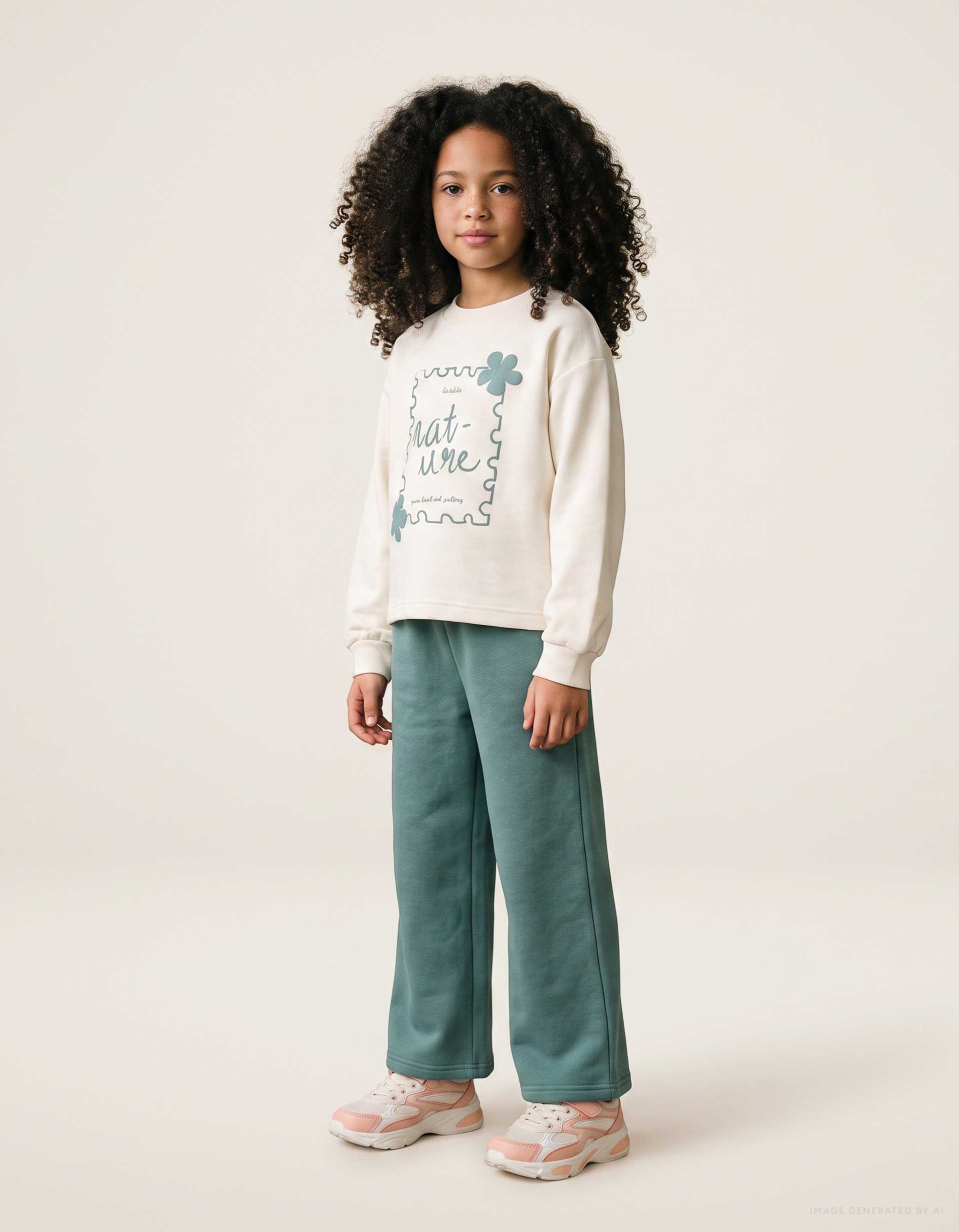 Conjunto de chándal perchado con estampado de arte para niña, blanco/verde