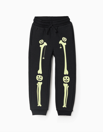 Joggers cardados com estampado que brilha no escuro para menino, preto