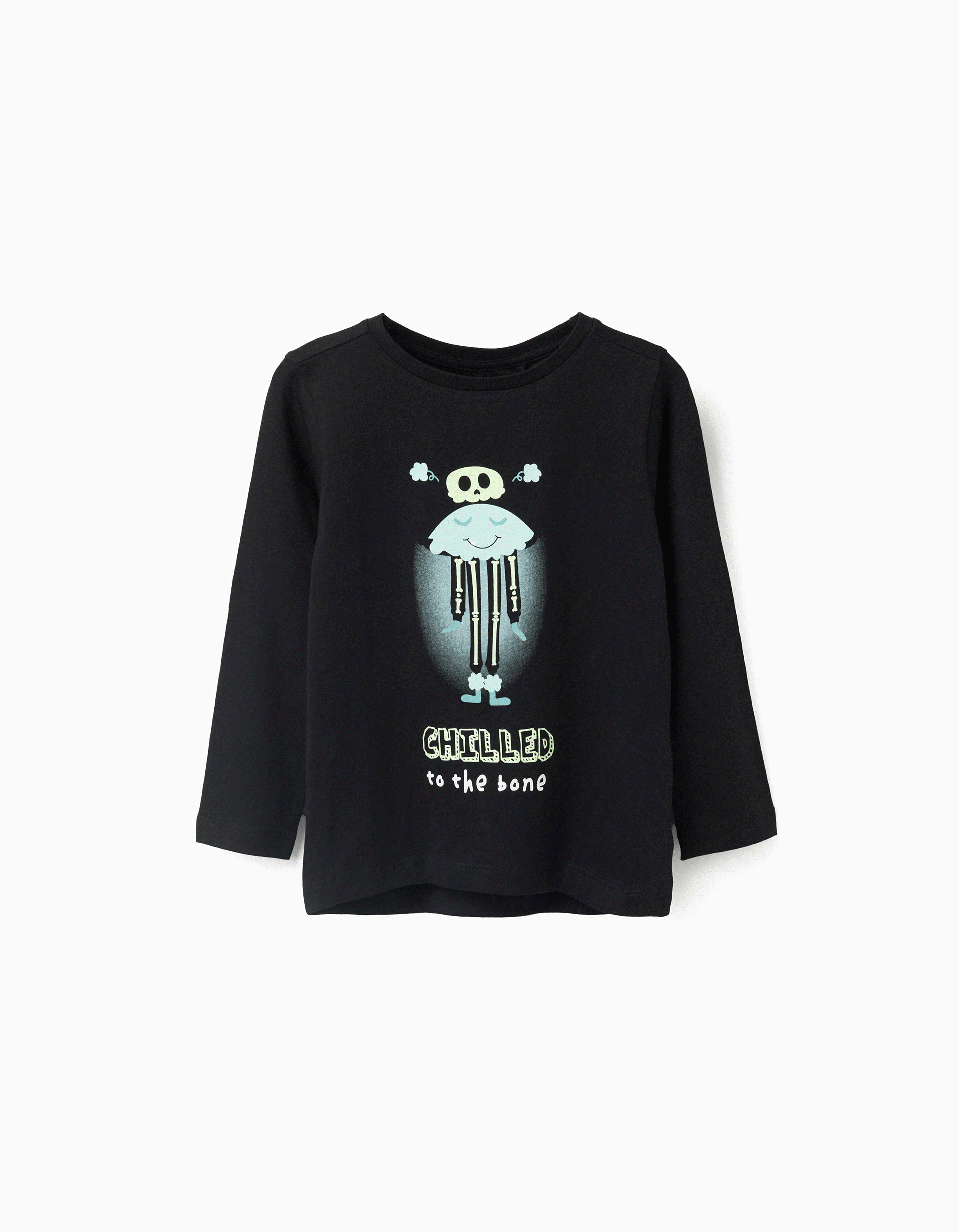 Cotton long sleeve T-shirt with glow-in-the-dark print for girls, black