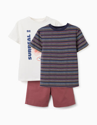 Pack of 2 T-shirts and 1 pair of shorts in cotton for boys, multicolour