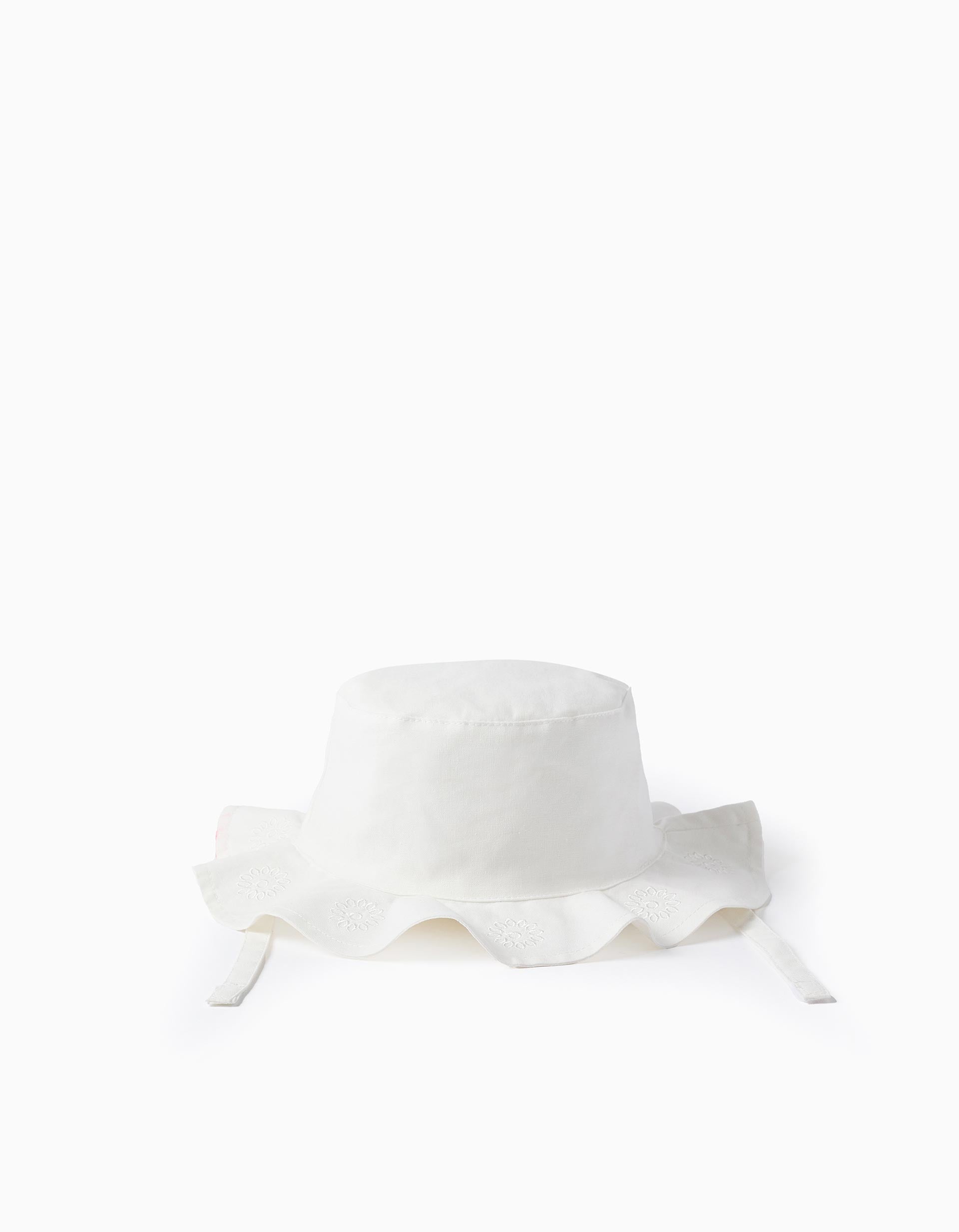 Cotton hat with embroidery and side straps for baby girls, white
