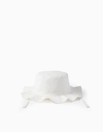 Gorro de algodón con bordado y tiras laterales para bebé niña, blanco
