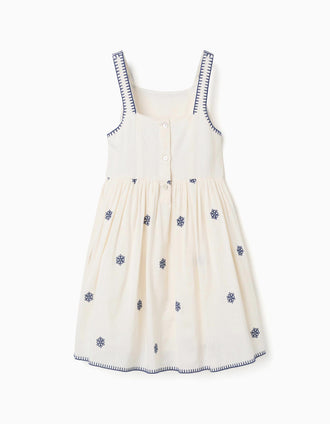 Robe sans manches en coton et lin avec fleurs pour fille, beige/bleu