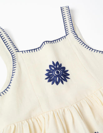 Robe sans manches en coton et lin avec fleurs pour fille, beige/bleu