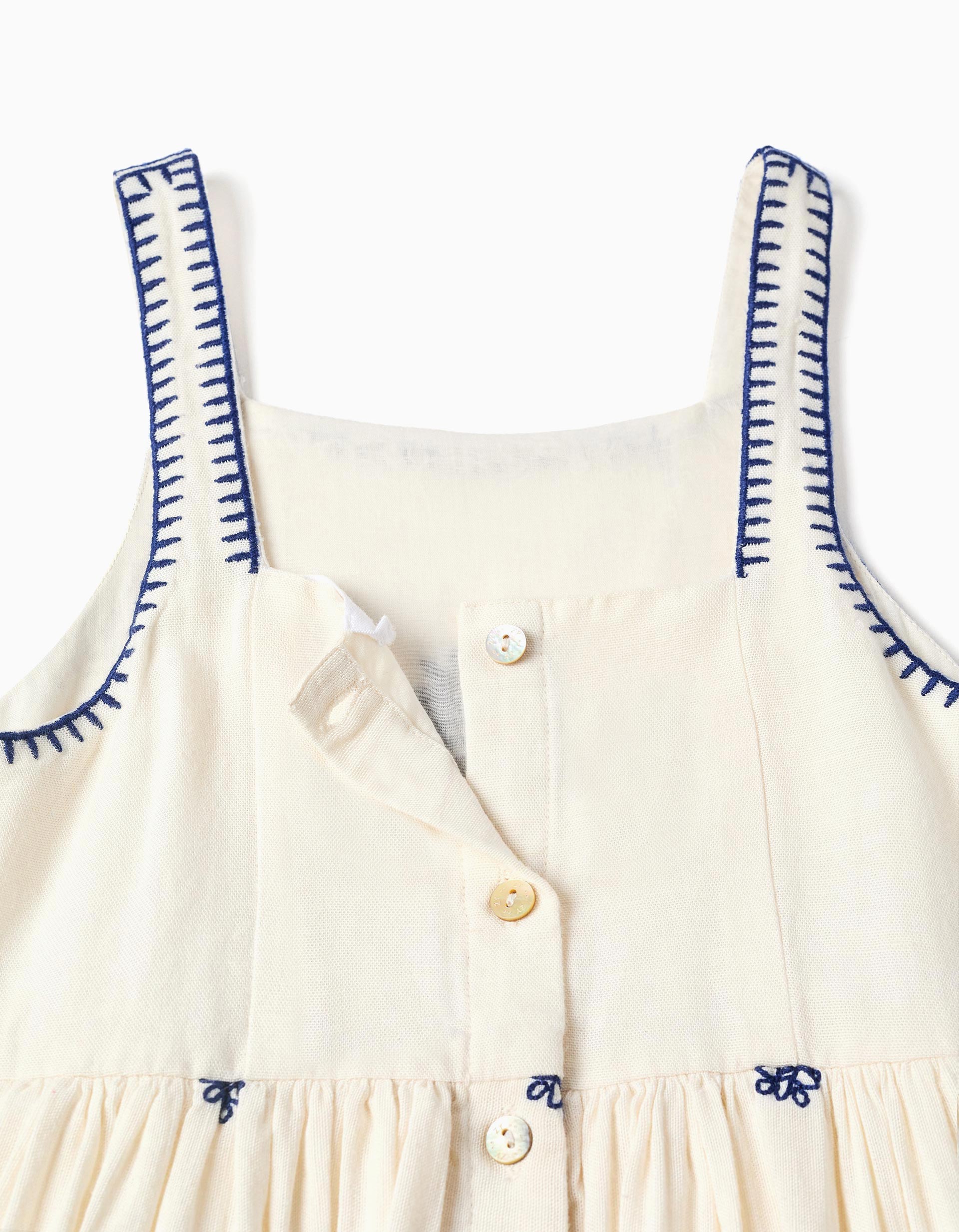 Robe sans manches en coton et lin avec fleurs pour fille, beige/bleu