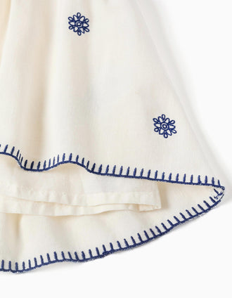 Robe sans manches en coton et lin avec fleurs pour fille, beige/bleu