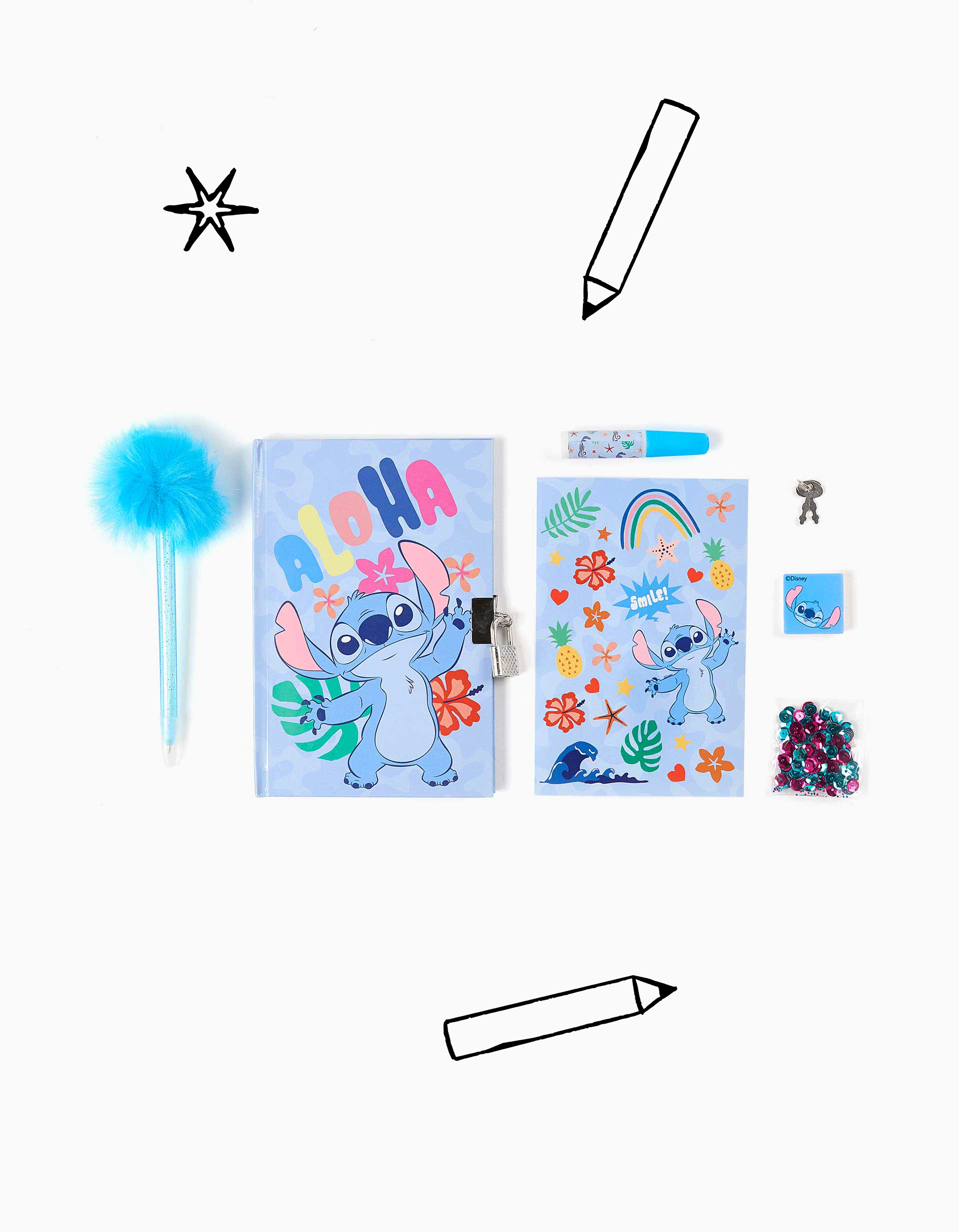 Conjunto de diário e acessórios Stitch para menina 3A+, azul