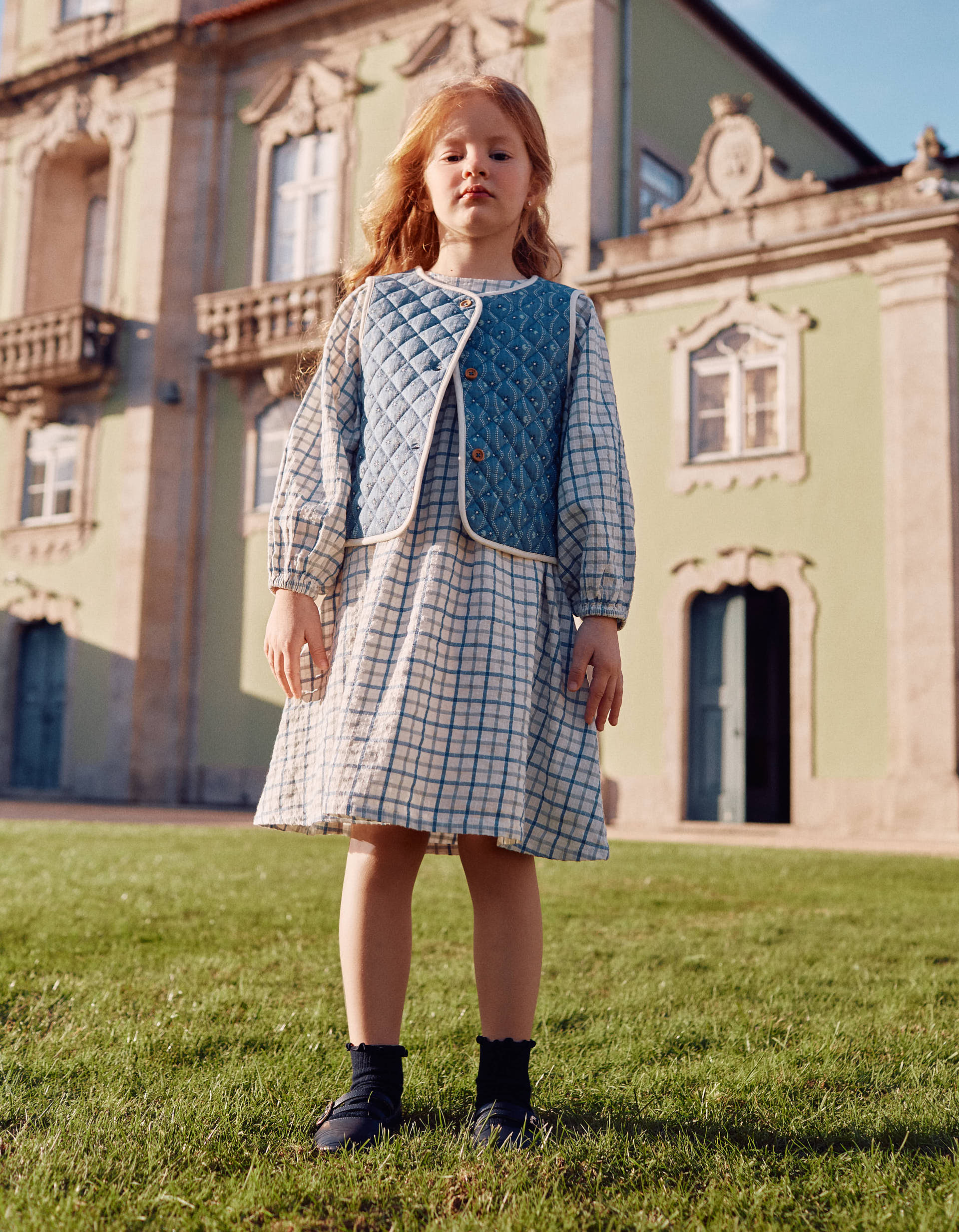 Quilted cotton vest + checked dress and Ballerina shoes for girls