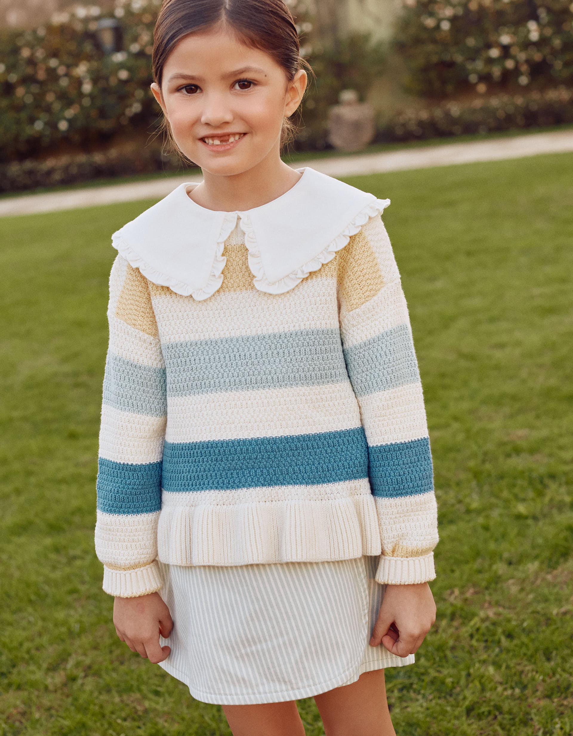 Knitted jumper + T-shirt with maxi collar + Striped skort Set for Girls