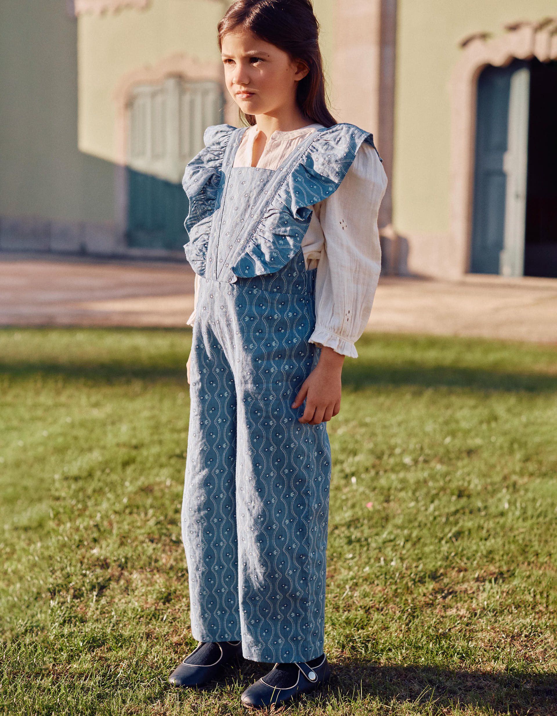 Jumpsuit with ruffles + Blouse with broderie for Girls