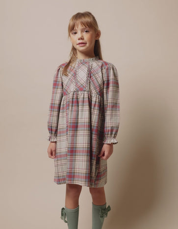Cotton dress with ruffles and check 'B&S' for girls, multicolour
