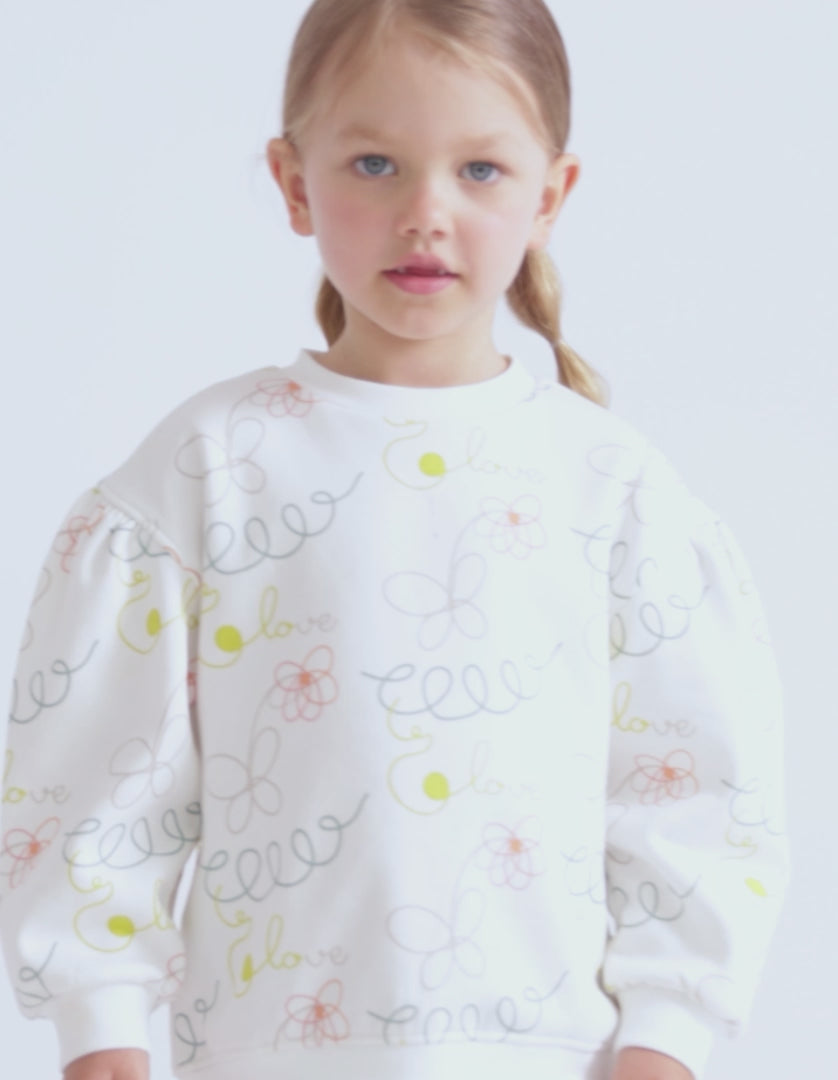 Floral Sweatshirt + Flared Jeggings for Girls, White/Blue