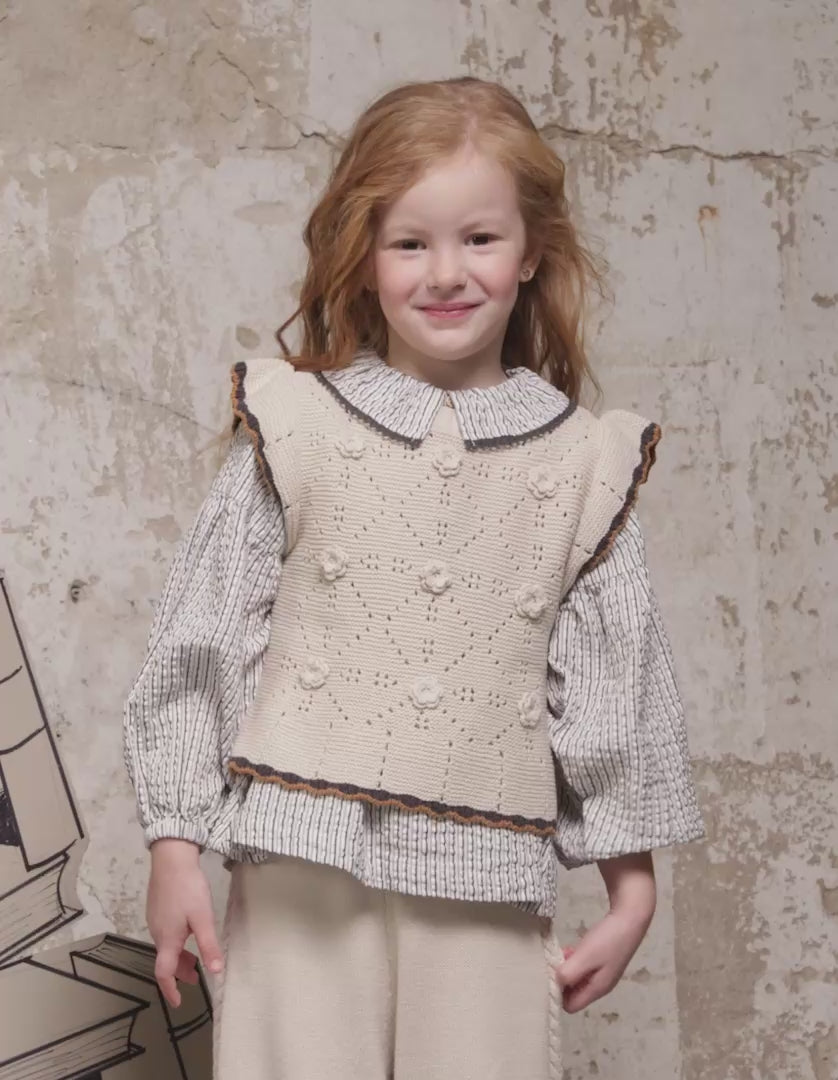 Calças de malha wide leg B&S para menina, bege-claro