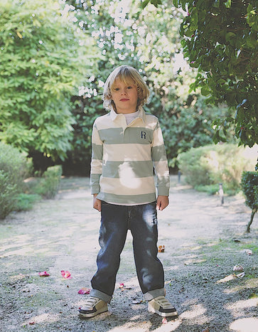 Polo de manga comprida às riscas para menino, branco/verde-claro